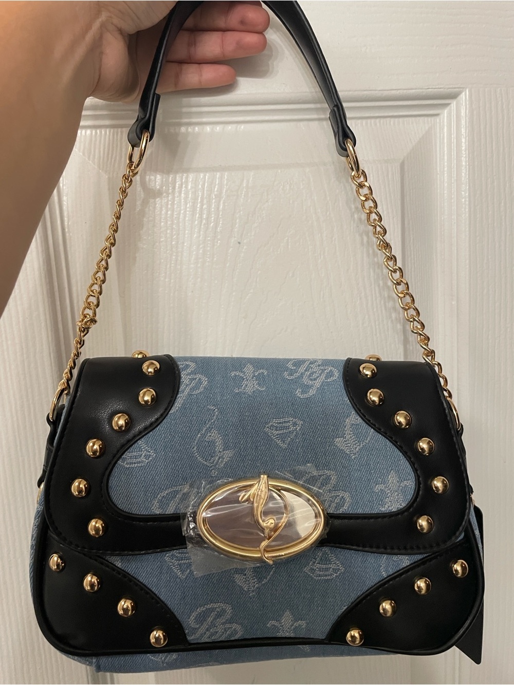 Black & Denim Baby Phat Chain-Handle Shoulder Bag with Gold Hardware
